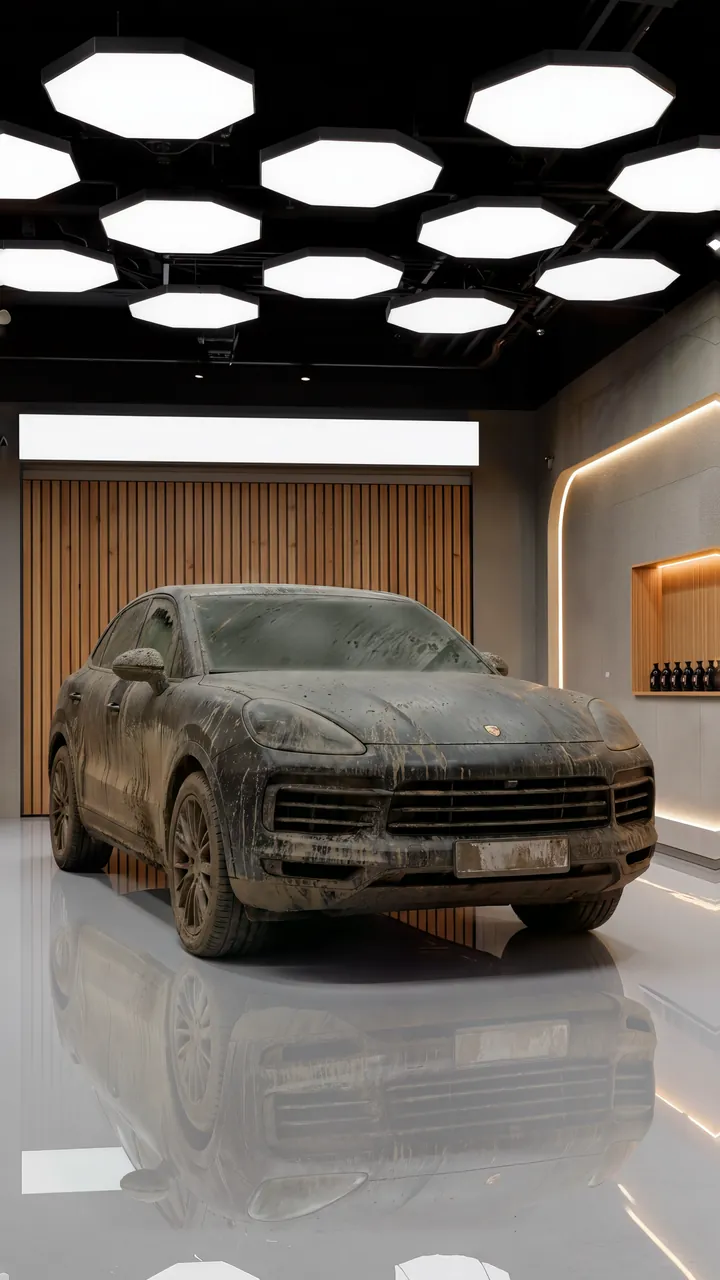 Porsche Cayenne couverte de boue, phares éteints, dans un atelier
